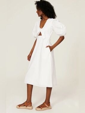RHODE White Puff-Sleeve Tie-Front Midi Dress